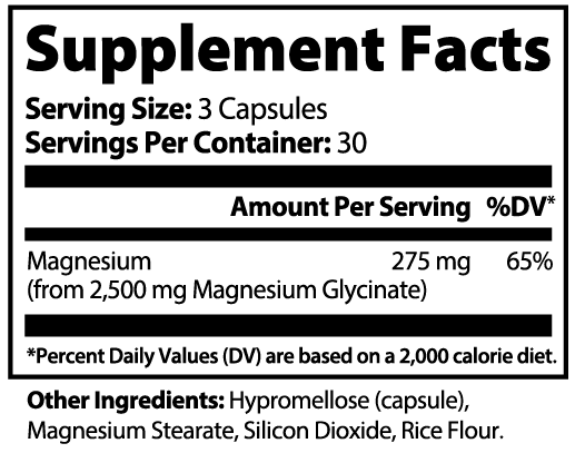 Steadwell Nightly Magnesium Supplement Facts panel - 275mg elemental magnesium from 2,500mg magnesium glycinate