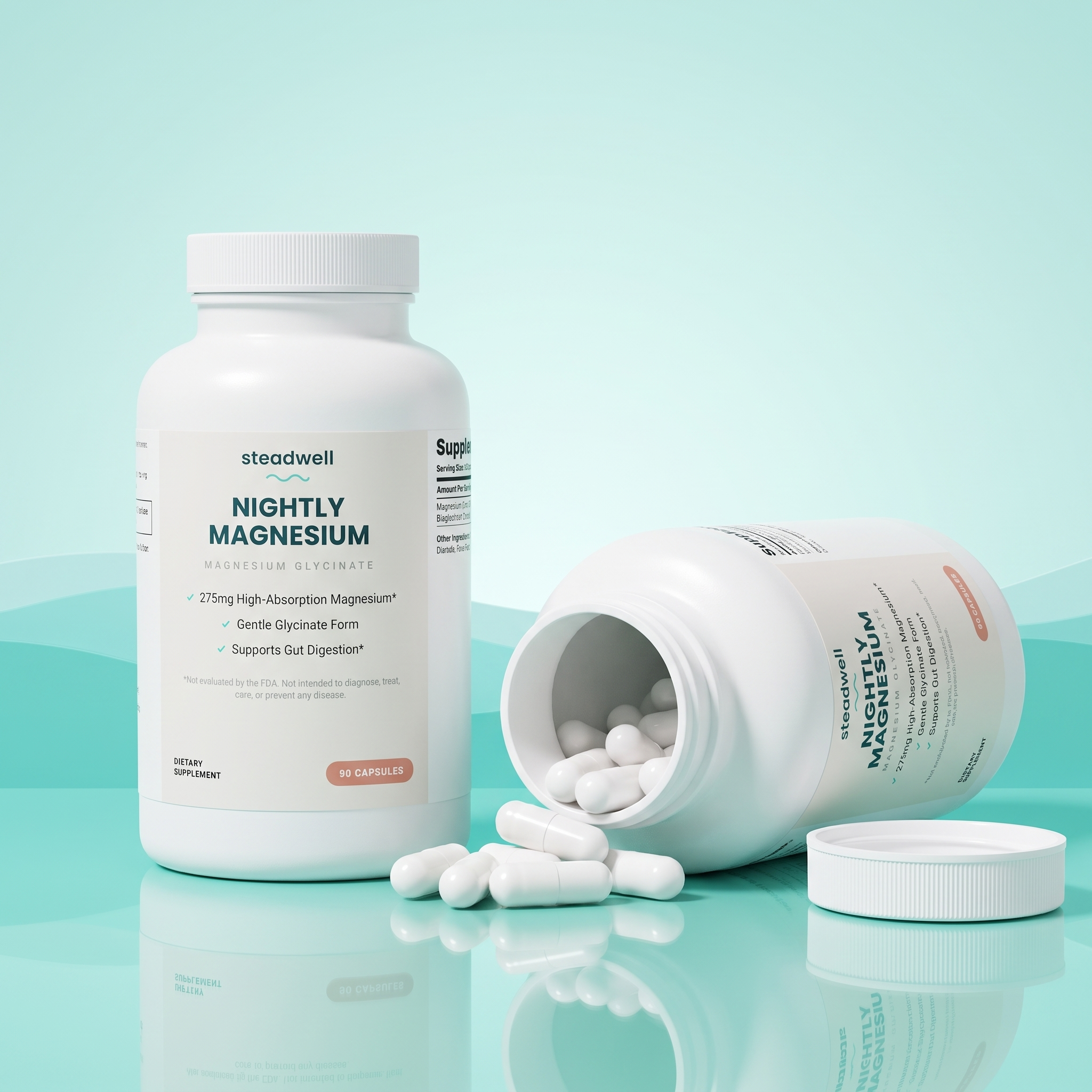 Steadwell Nightly Magnesium open bottle with white capsules spilling out
