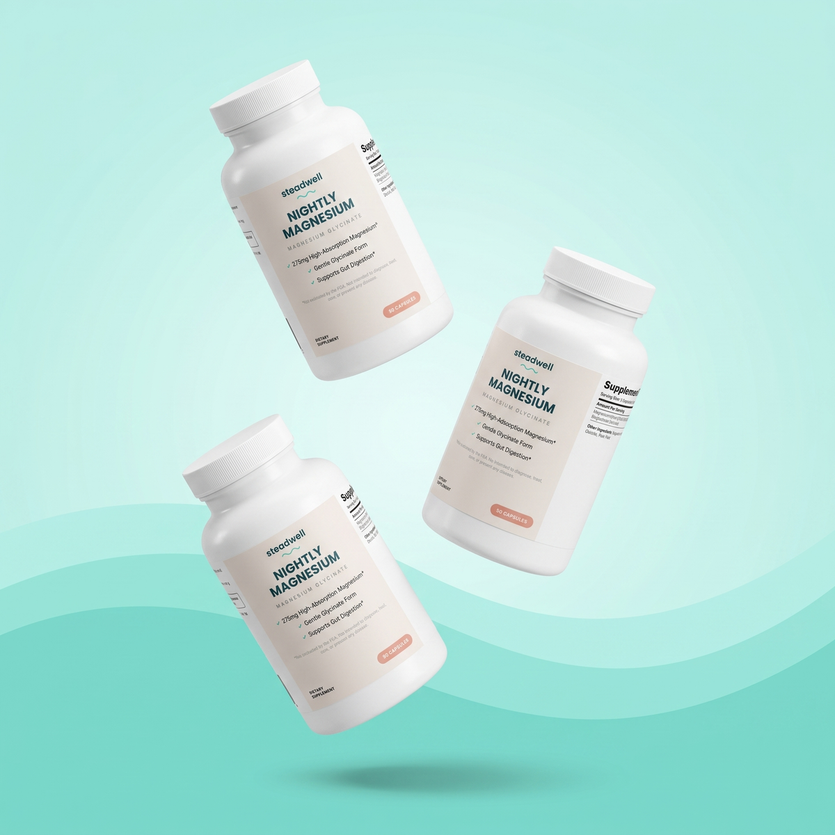 Three Steadwell Nightly Magnesium bottles floating at angles