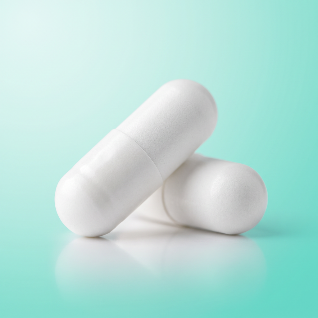 Close-up of Steadwell Nightly Magnesium white capsules