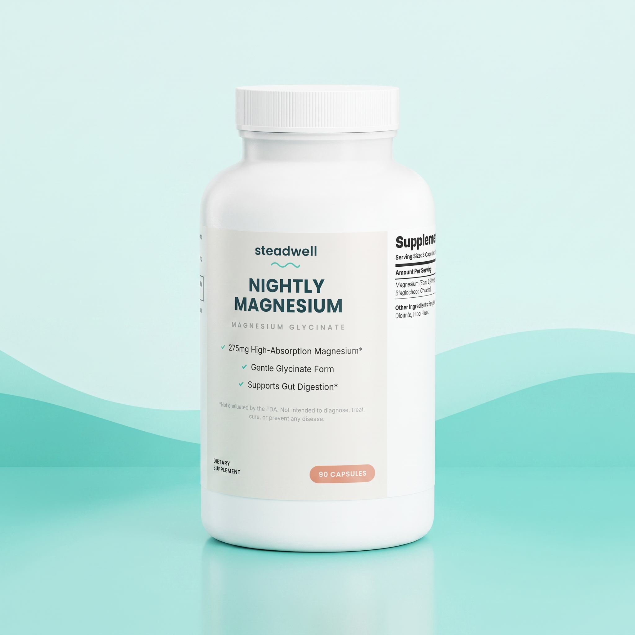 Steadwell Nightly Magnesium glycinate supplement bottle, 90 capsules