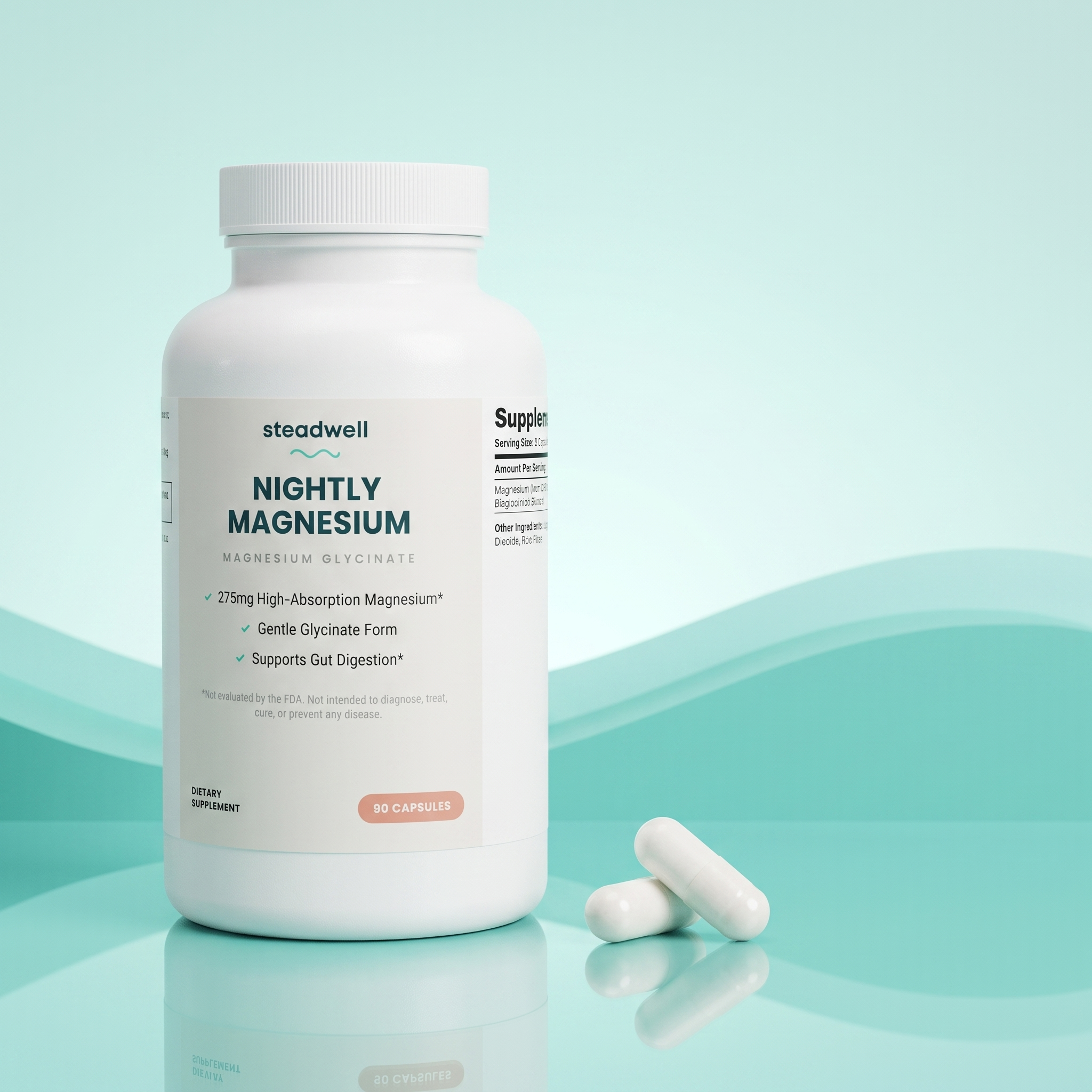 Steadwell Nightly Magnesium bottle with two white capsules
