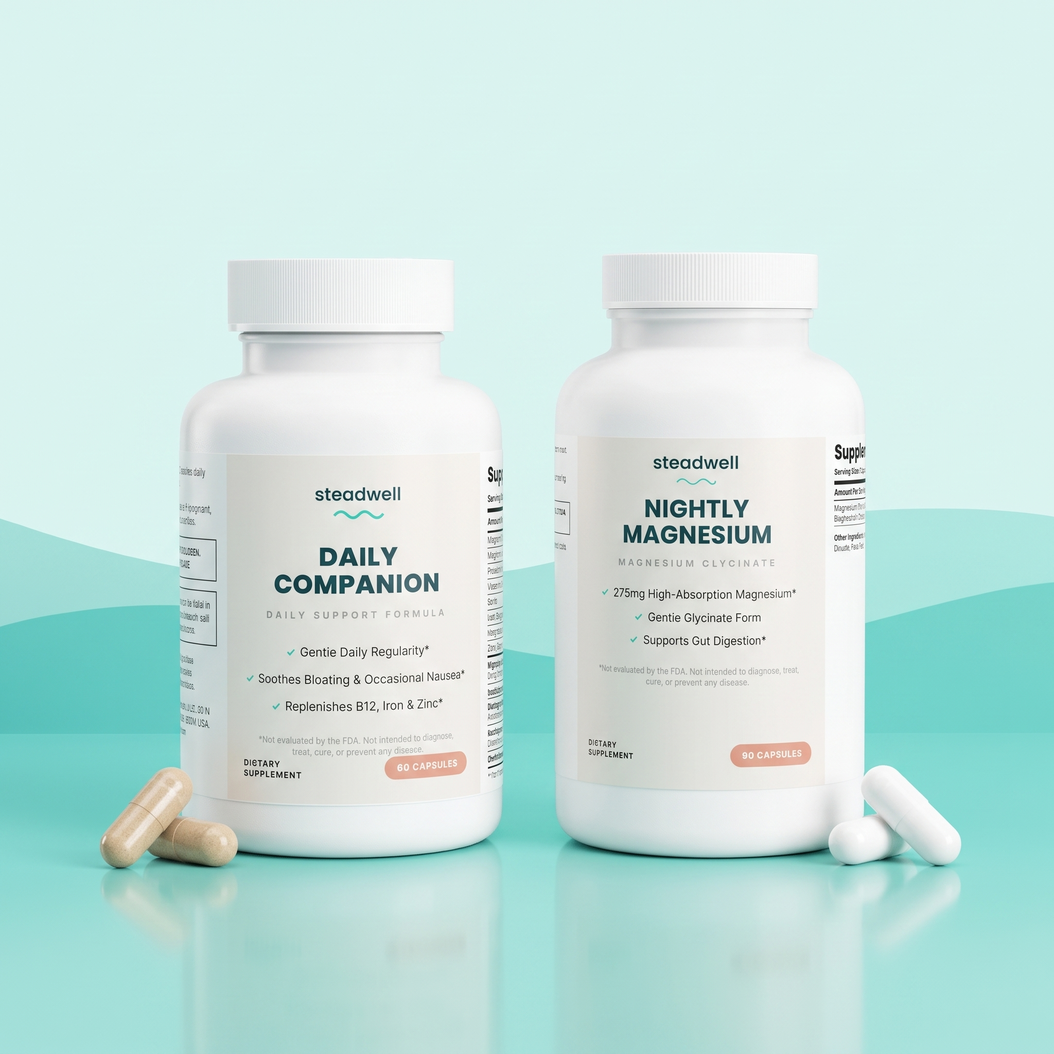 Steadwell Complete Package - both supplement bottles with beige daytime and white evening capsules
