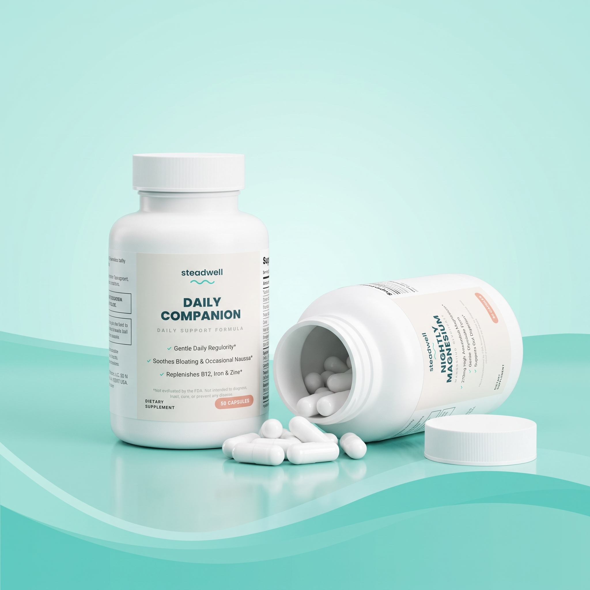 Steadwell Complete Package - Daily Companion upright beside open Nightly Magnesium bottle with capsules