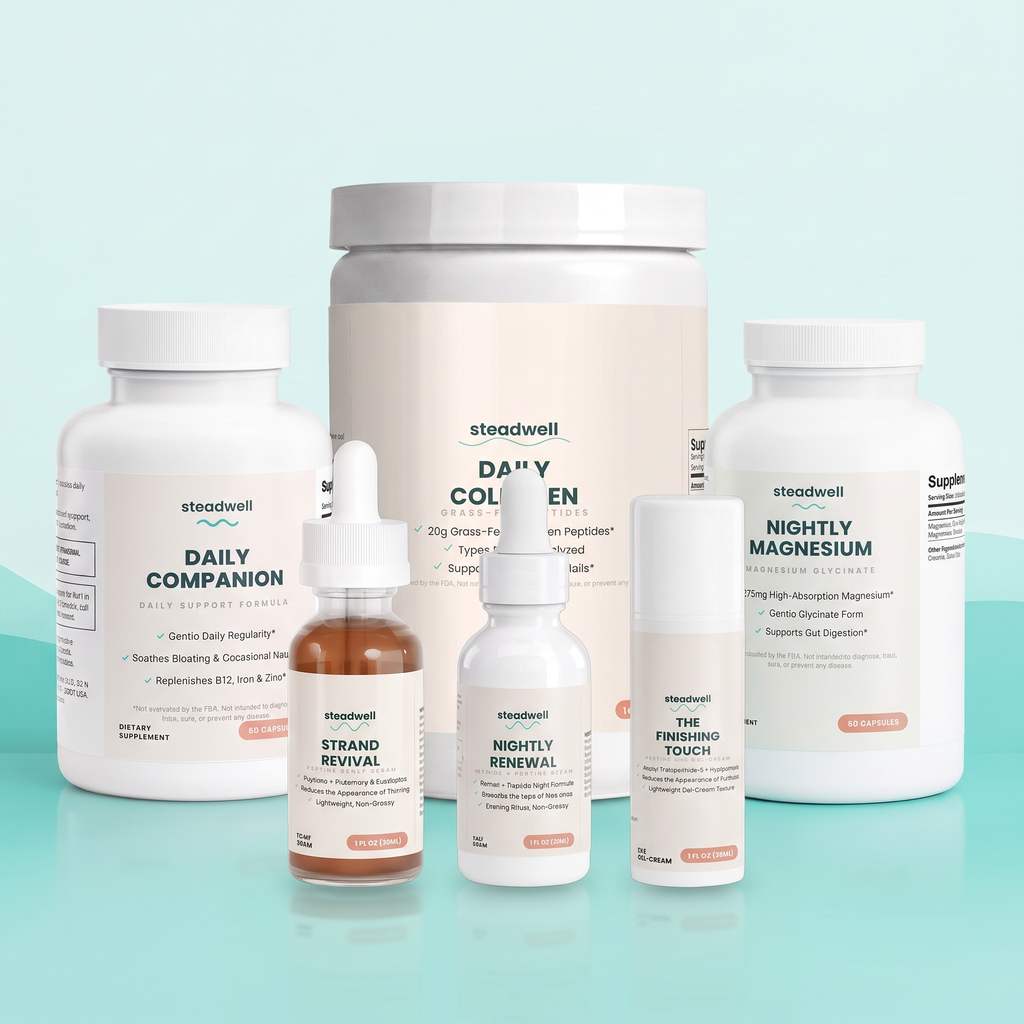 All six Steadwell products arranged as a set