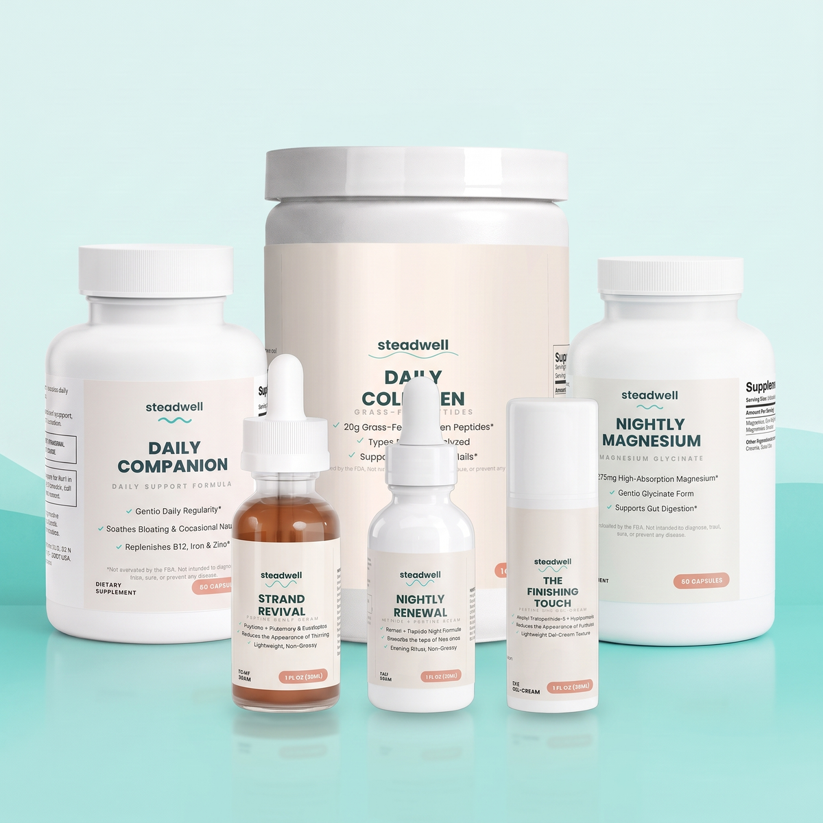 All six Steadwell products arranged as a set