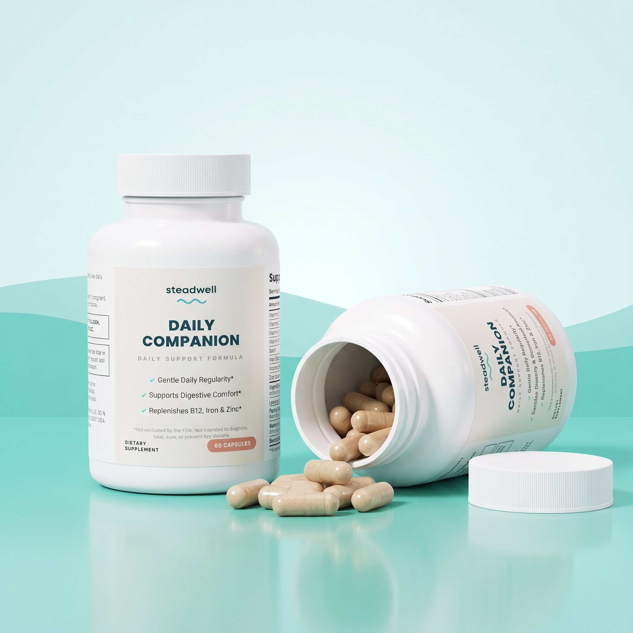 Two Steadwell Daily Companion bottles with capsules spilling from one