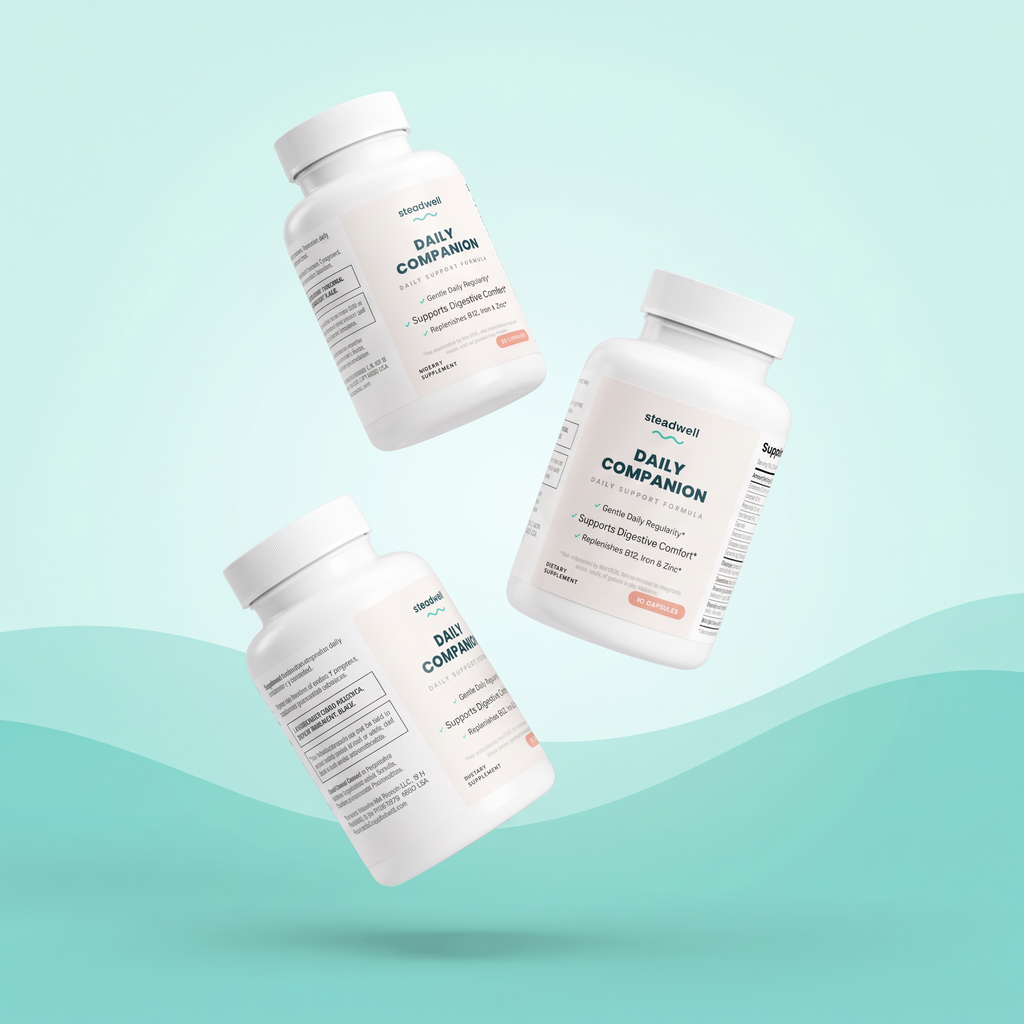 Three Steadwell Daily Companion bottles floating against an aqua-mint wave