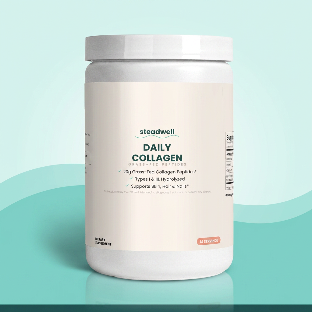 Steadwell Daily Collagen on mint teal wave background
